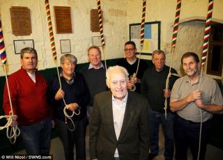 Saved from the bell: John Fowler and his fellow bellringers Steve Beck, Sid Johnson, Pat Rich, Barry Langan, Chris Harvey and Dennis Taylor, who were forced to flee when a 50kg instrument crashed down during practice - Autor: NICOL, Will; SWNS